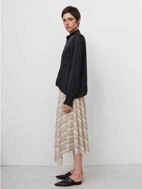 Acne Ilsa Bias Cotton Striped Midi Skirt in Tan, Dark Grey, Cream, Blue Gray